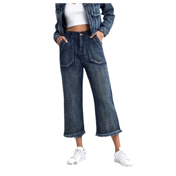 True Religion Utility Jeans Women 26 Crop Wide Leg Fringe Hem Dark Wash - Picture 1 of 14